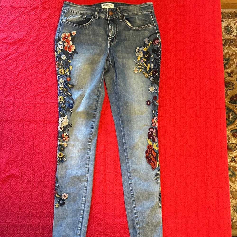 William Rast Blue Floral Embroidered Skinny Jeans